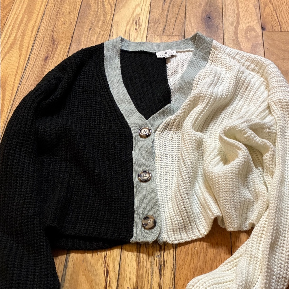 True Craft Black and Cream Button-Up Cardigan